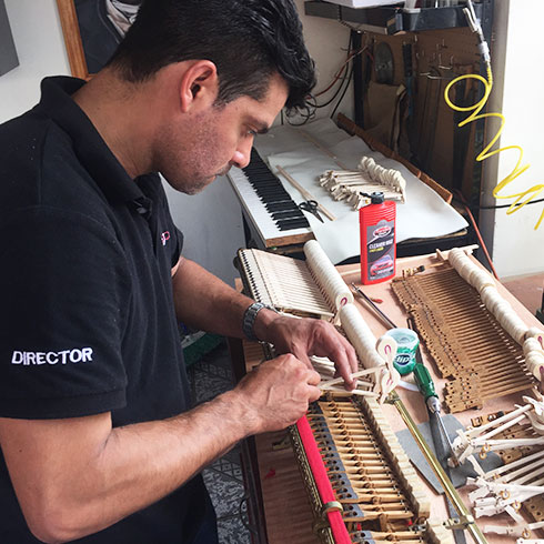 Proceso minucioso de restauración y reemplazo de piezas de la maquinaria de un piano de cola con repuestos importados certificados